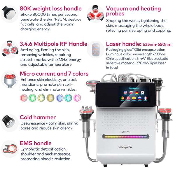 SQ126A Max: dispositivo 11 in 1 con cavitazione 80K, radiofrequenza, massaggio a vuoto, laser, EMS, testina fredda