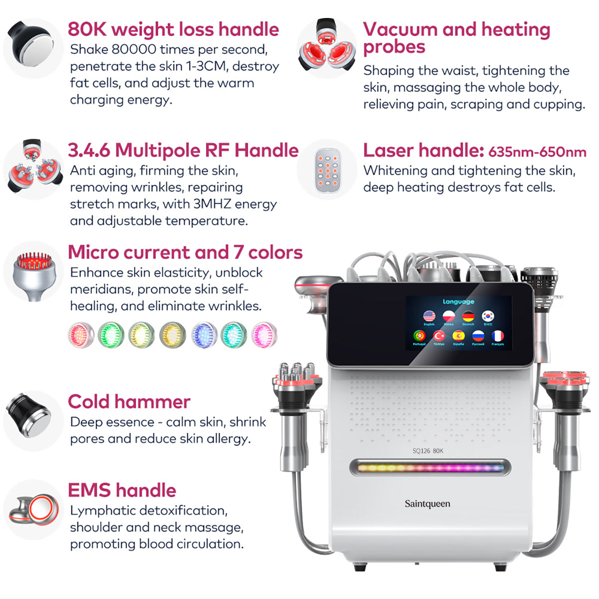 SQ126B Max: dispositivo 11 in 1 con cavitazione 80K, radiofrequenza, massaggio a vuoto, laser, EMS, testina fredda