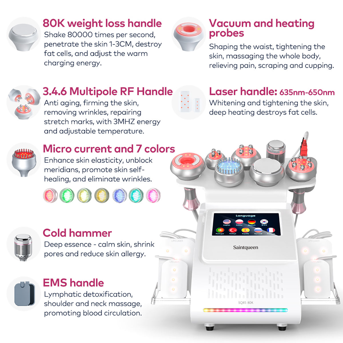 SQ85D Plus: dispositivo 9 in 1 con cavitazione 80K, radiofrequenza, massaggio a vuoto, laser, EMS, microcorrente, testina fredda Immagine secondaria del prodotto