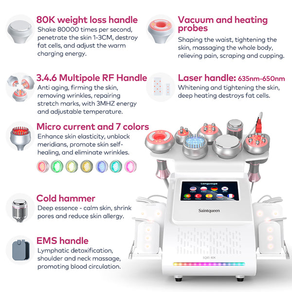 SQ85D Plus: dispositivo 9 in 1 con cavitazione 80K, radiofrequenza, massaggio a vuoto, laser, EMS, microcorrente, testina fredda