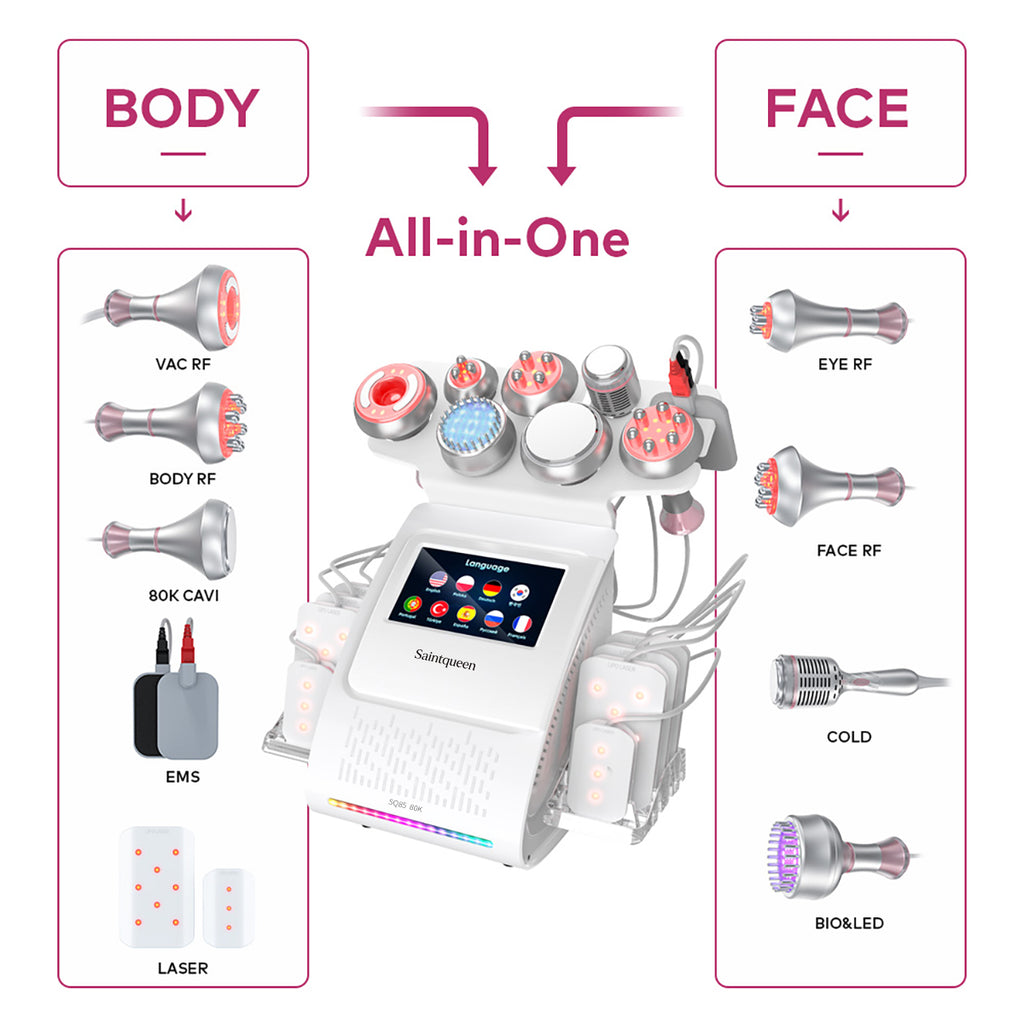 SQ85D Plus: dispositivo 9 in 1 con cavitazione 80K, radiofrequenza, massaggio a vuoto, laser, EMS, microcorrente, testina fredda