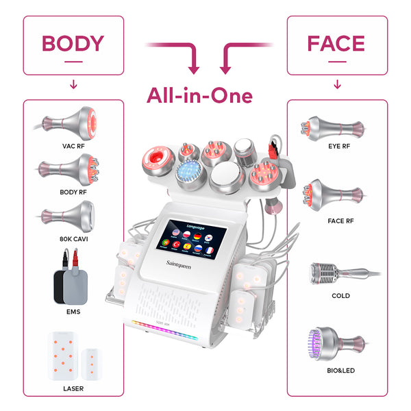 SQ85D Plus: dispositivo 9 in 1 con cavitazione 80K, radiofrequenza, massaggio a vuoto, laser, EMS, microcorrente, testina fredda