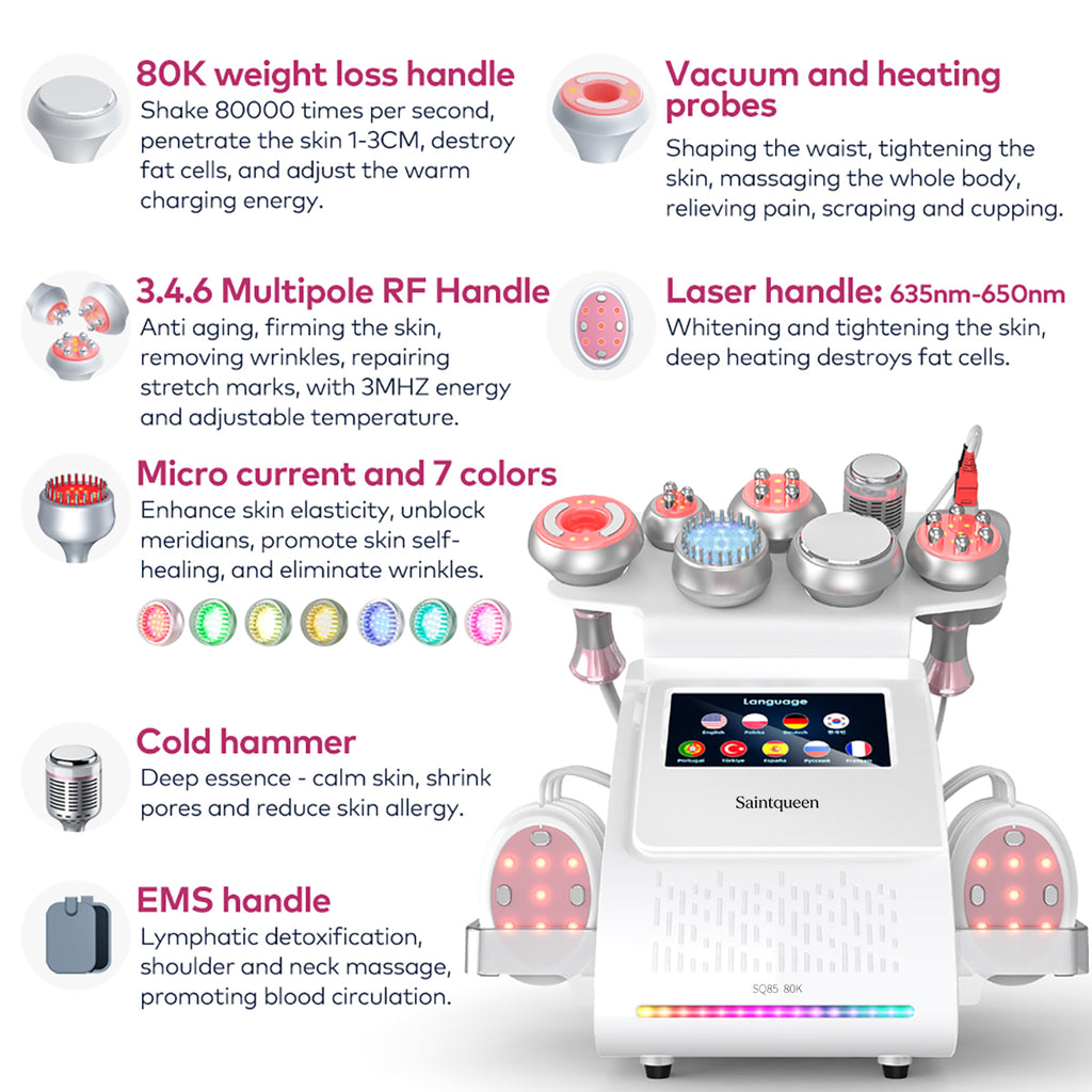 SQ85E Plus: dispositivo 9 in 1 con cavitazione 80K, radiofrequenza, laser, EMS, microcorrente, testina fredda