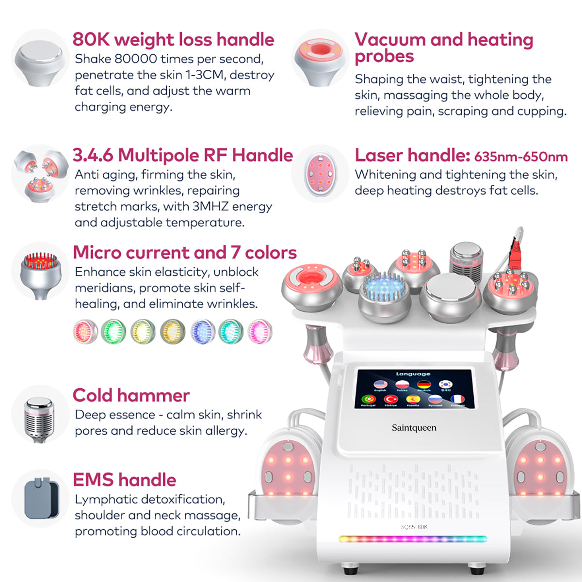 SQ85E Plus: dispositivo 9 in 1 con cavitazione 80K, radiofrequenza, laser, EMS, microcorrente, testina fredda