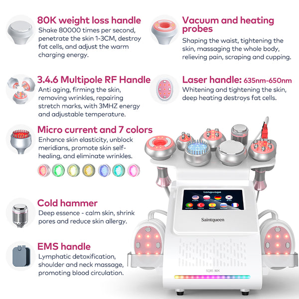 SQ85E Plus: dispositivo 9 in 1 con cavitazione 80K, radiofrequenza, laser, EMS, microcorrente, testina fredda