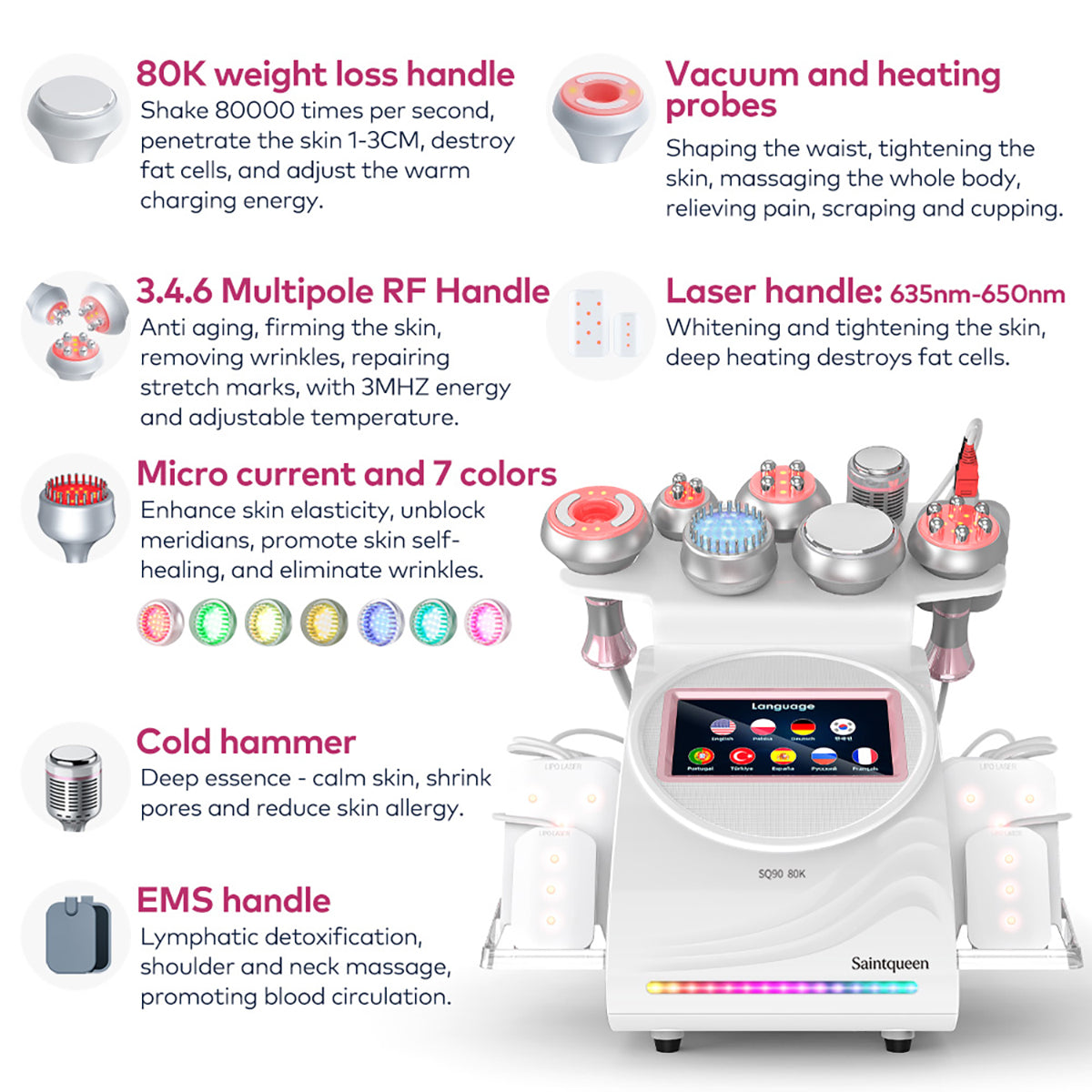 SQ90D Plus: dispositivo 9 in 1 con cavitazione 80K, radiofrequenza, massaggio a vuoto, laser, microcorrente, testina fredda Immagine secondaria del prodotto