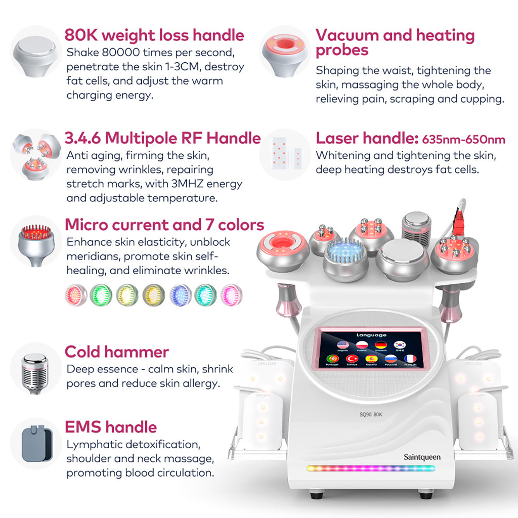 SQ90D Plus: dispositivo 9 in 1 con cavitazione 80K, radiofrequenza, massaggio a vuoto, laser, microcorrente, testina fredda