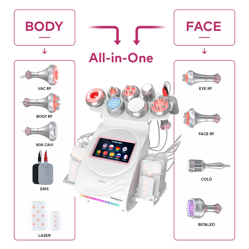 SQ90D Plus: dispositivo 9 in 1 con cavitazione 80K, radiofrequenza, massaggio a vuoto, laser, microcorrente, testina fredda