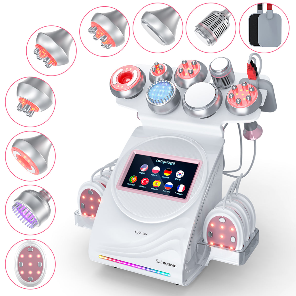 SQ90E Plus: dispositivo 9 in 1 con cavitazione 80K, radiofrequenza, massaggio a vuoto, laser, EMS, microcorrente, testina fredda