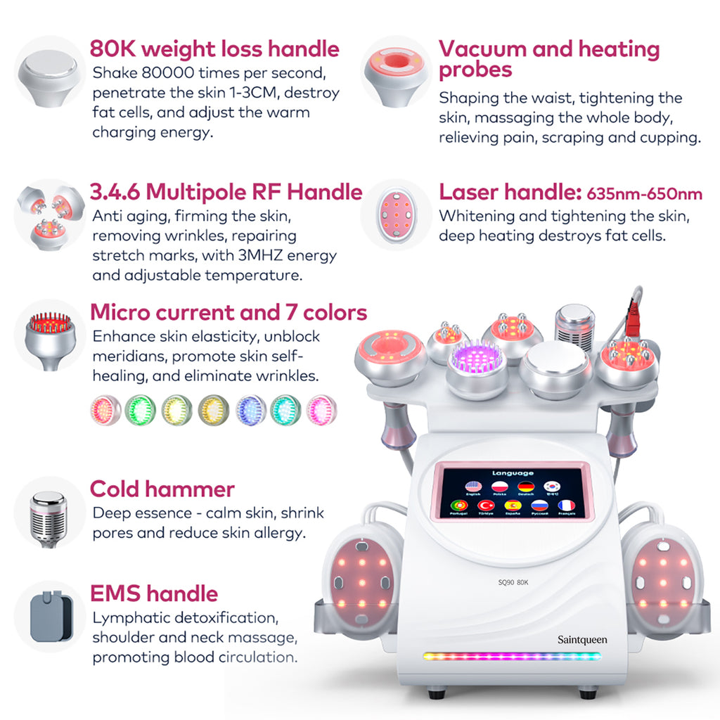 SQ90E Plus: dispositivo 9 in 1 con cavitazione 80K, radiofrequenza, massaggio a vuoto, laser, EMS, microcorrente, testina fredda