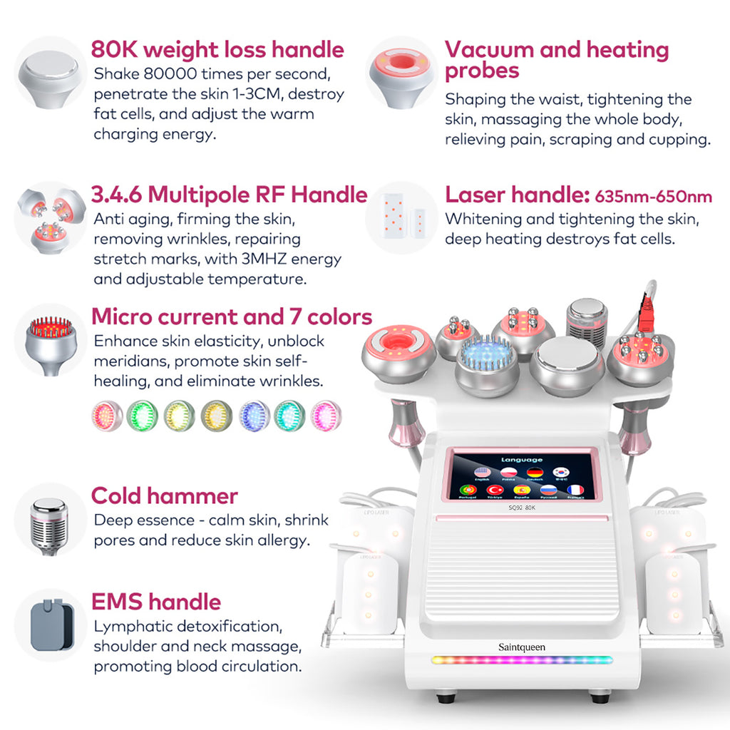 SQ92D Plus: dispositivo 9 in 1 con cavitazione 80K, radiofrequenza, laser, microcorrente, testina fredda