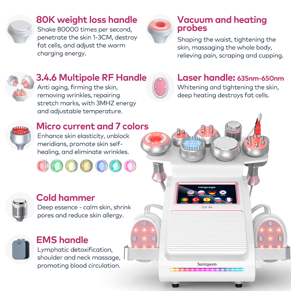 SQ92E Plus: dispositivo 9 in 1 con cavitazione 80K, radiofrequenza, microcorrente, testina fredda