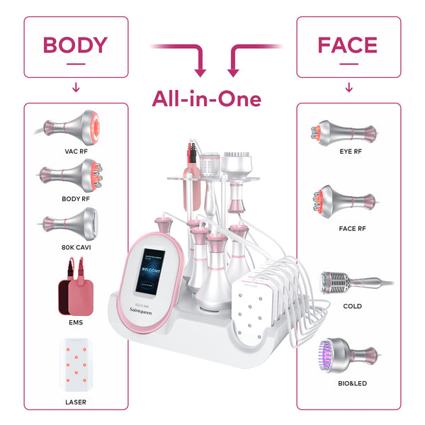 SQ121C Plus: dispositivo 9 in 1 con cavitazione 80K, radiofrequenza, massaggio a vuoto, laser, EMS, testina fredda